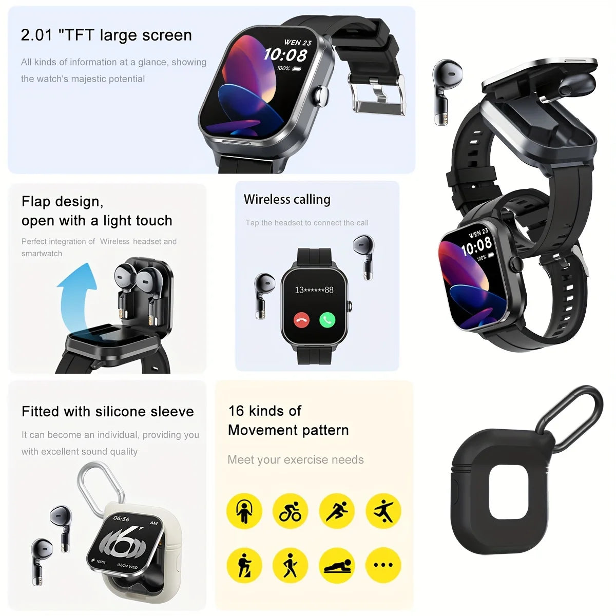 Smart Watch 2.01 Inch HD Large Screen Waterproof Heart Rate Blood Oxygen Bluetooth Earphone TWS 2 in 1 Make Phone Calls