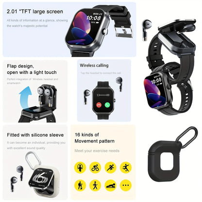 Smart Watch 2.01 Inch HD Large Screen Waterproof Heart Rate Blood Oxygen Bluetooth Earphone TWS 2 in 1 Make Phone Calls 